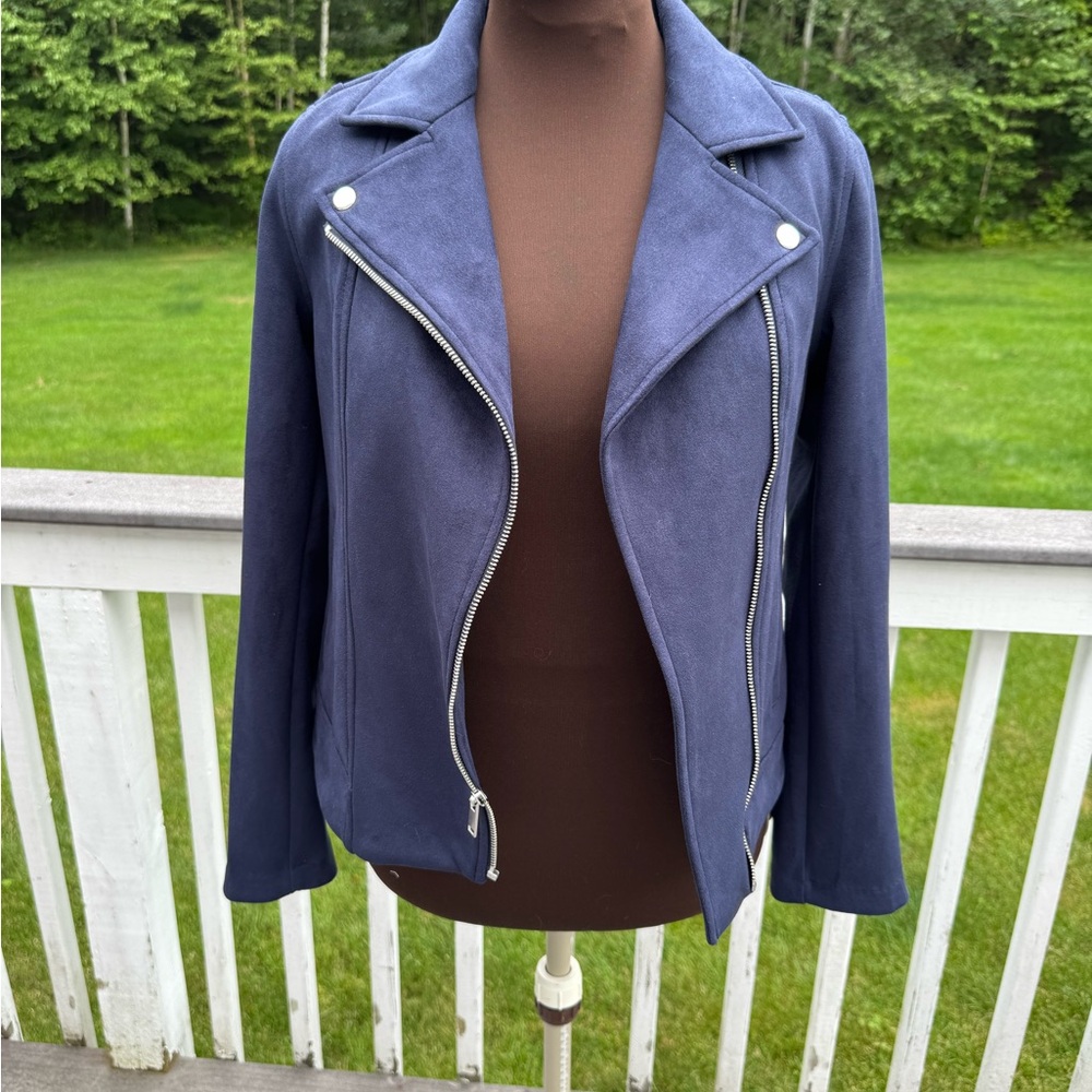 Old Navy Blue Leather Jacket with Notched Lapel